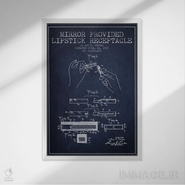 تابلو نقشهٔ ثبت اختراع رژ لب با آینه سرمهای اثر پیکسل کهنه (استودیو/نام هنری) - نمای قابدار سفید