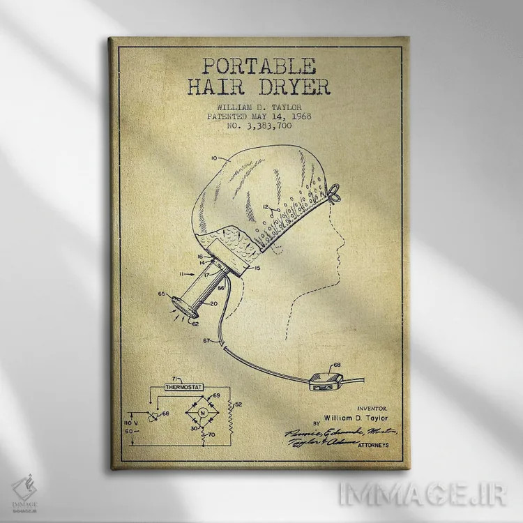 تابلو نقشهٔ ثبت اختراع سشوار قابل حمل (وینتیج/قدیمی) اثر پیکسل کهنه (استودیو/نام هنری) - نمای روبهرو روی دیوار