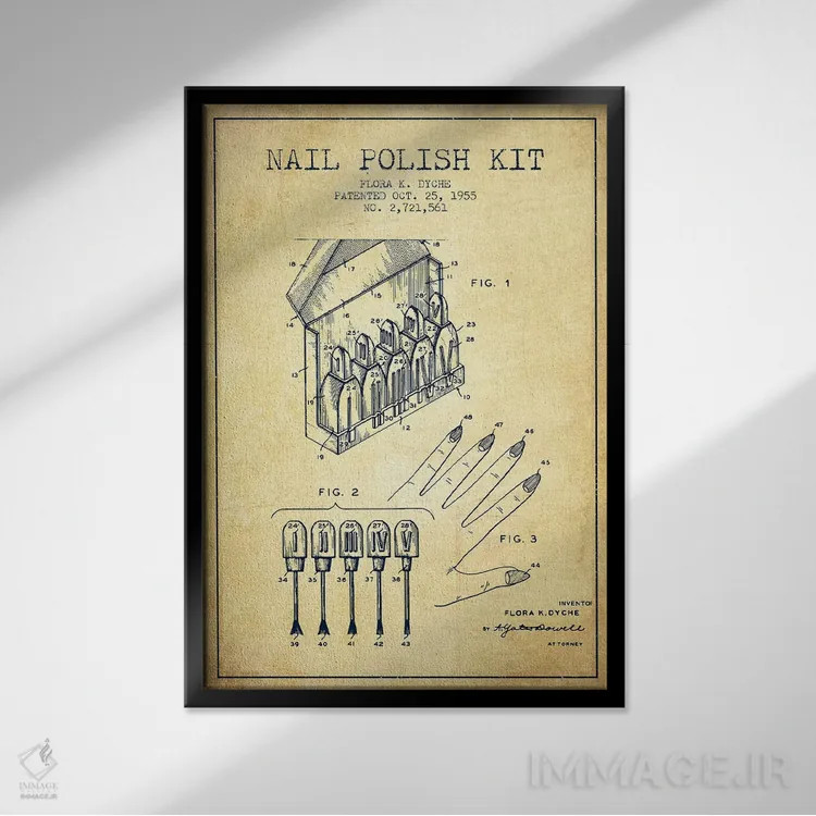 تابلو نقشهٔ ثبت اختراع کیت لاک ناخن (وینتیج/قدیمی) اثر پیکسل کهنه (استودیو/نام هنری) - نمای قابدار مشکی