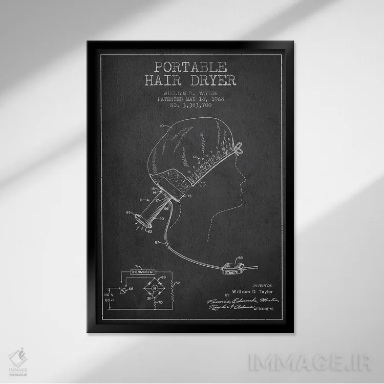 تابلو نقشهٔ ثبت اختراع سشوار قابل حمل (زغالی) اثر پیکسل کهنه (استودیو/نام هنری) - نمای قابدار مشکی