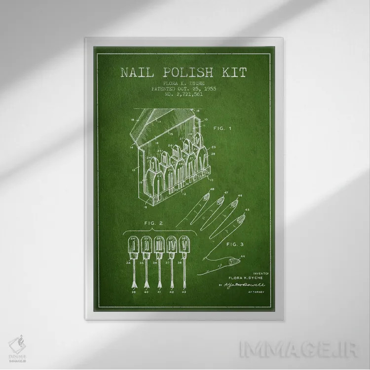 تابلو نقشهٔ ثبت اختراع کیت لاک ناخن (سبز) اثر پیکسل کهنه (استودیو/نام هنری) - نمای قابدار سفید