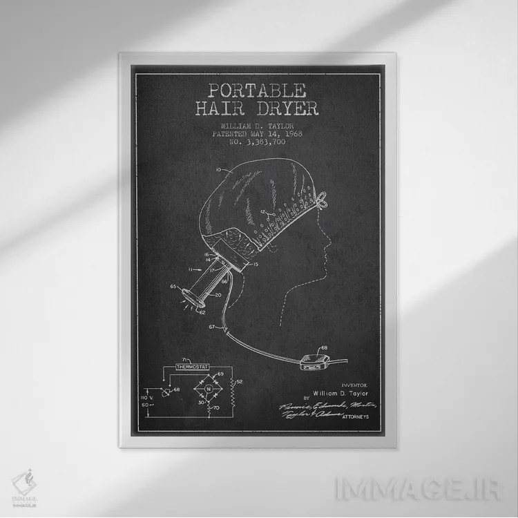 تابلو نقشهٔ ثبت اختراع سشوار قابل حمل (زغالی) اثر پیکسل کهنه (استودیو/نام هنری) - نمای قابدار سفید