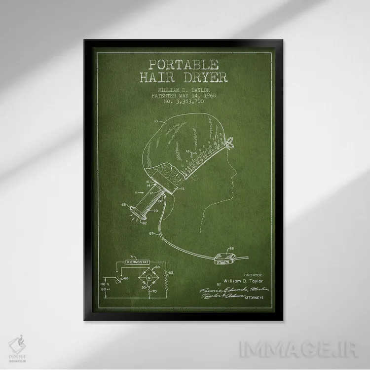 تابلو نقشهٔ ثبت اختراع سشوار قابل حمل (سبز) اثر پیکسل کهنه (استودیو/نام هنری) - نمای قابدار مشکی