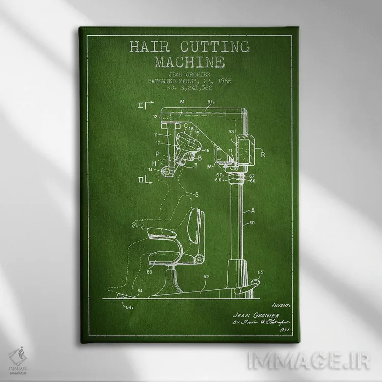 تابلو نقشه پتنت برش موی اتوماتیک (سبز) اثر پیکسل کهنه (استودیو/نام هنری) - نمای روبهرو روی دیوار