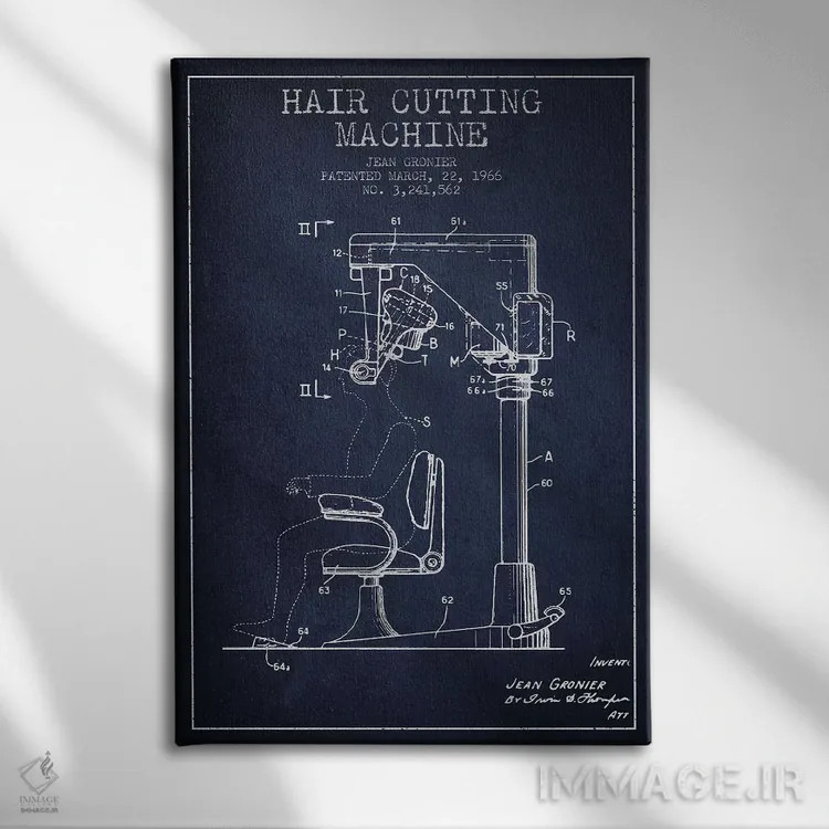 تابلو نقشه پتنت برش موی اتوماتیک (آبی نفتی) اثر پیکسل کهنه (استودیو/نام هنری) - نمای روبهرو روی دیوار