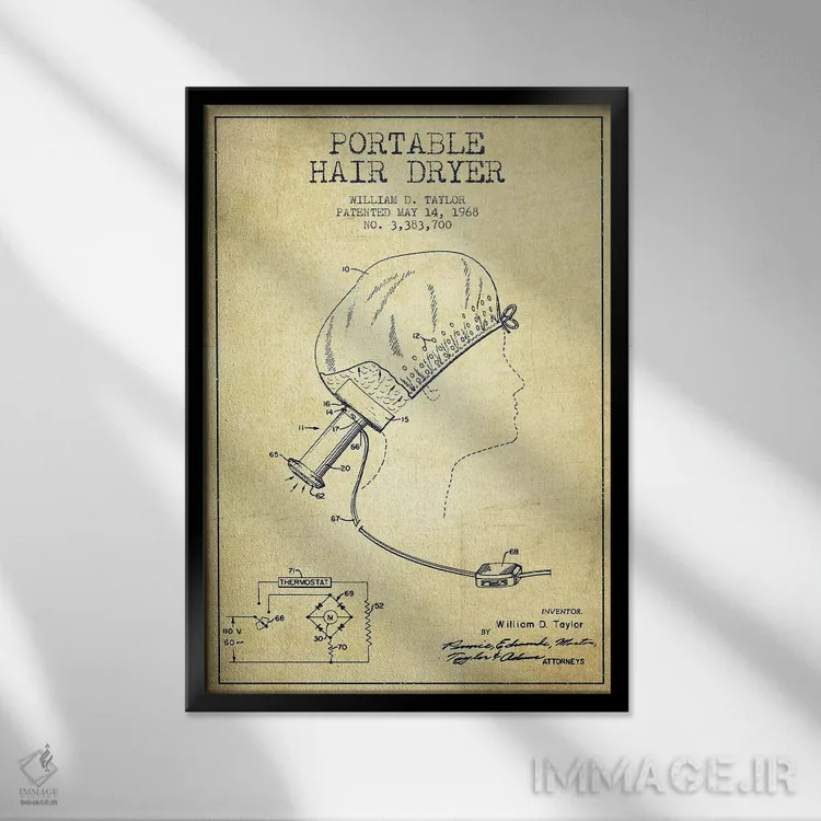 تابلو نقشهٔ ثبت اختراع سشوار قابل حمل (وینتیج/قدیمی) اثر پیکسل کهنه (استودیو/نام هنری) - نمای قابدار مشکی