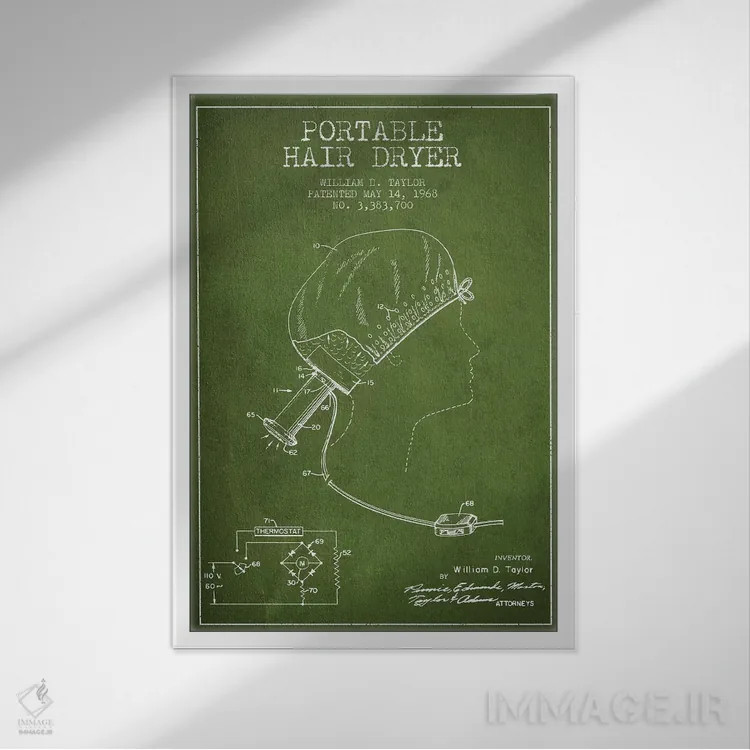 تابلو نقشهٔ ثبت اختراع سشوار قابل حمل (سبز) اثر پیکسل کهنه (استودیو/نام هنری) - نمای قابدار سفید