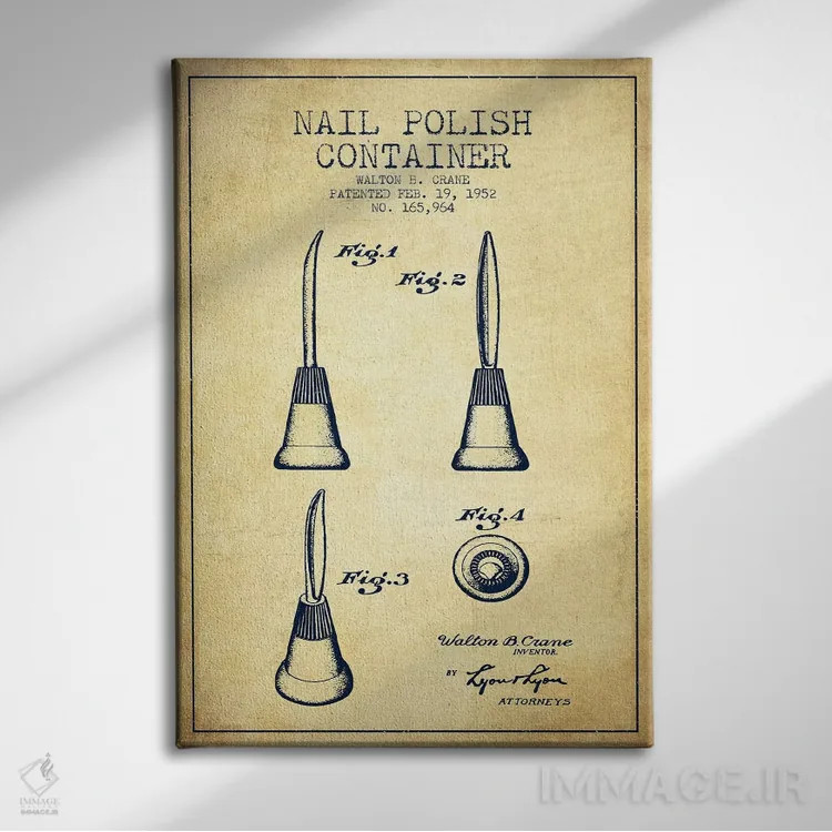 تابلو نقشه طرح اختراع لاک ناخن ظرفی قدیمی اثر پیکسل کهنه (استودیو/نام هنری) - نمای روبهرو روی دیوار