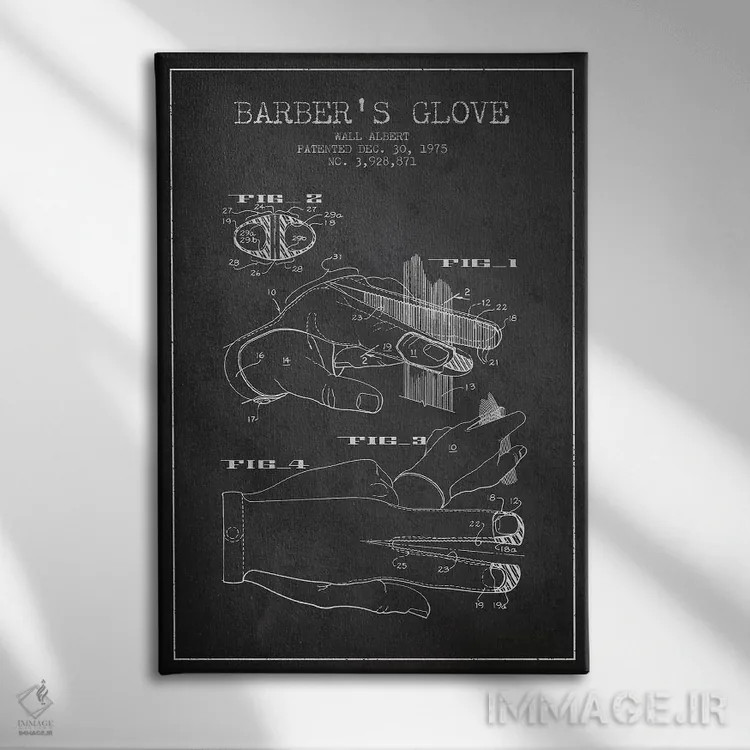 تابلو نقشه پتنت دستکش آرایشگری (طرح ذغالی) اثر پیکسل کهنه (استودیو/نام هنری) - نمای روبهرو روی دیوار