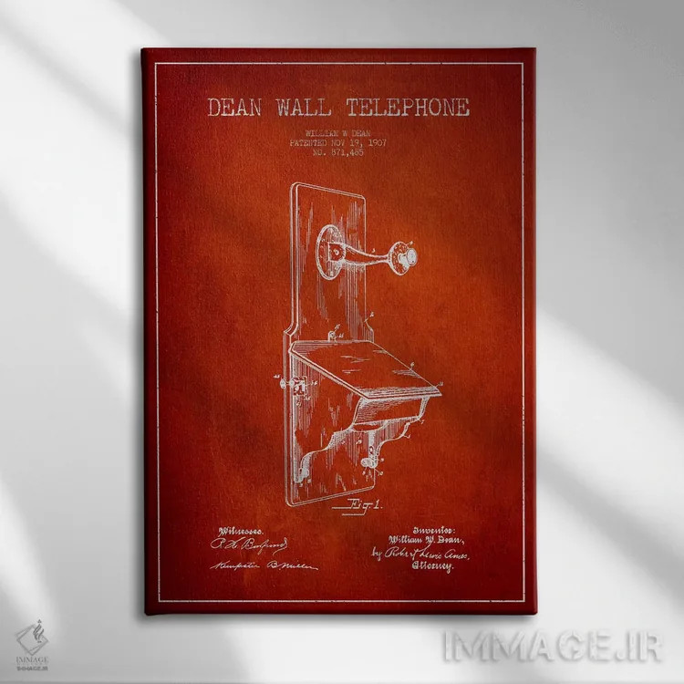 تابلو نقشه پتنت تلفن دیواری (قرمز) اثر پیکسل کهنه (استودیو/نام هنری) - نمای روبهرو روی دیوار