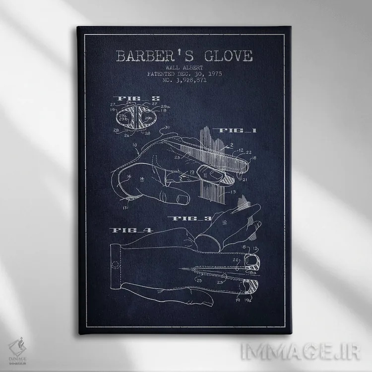 تابلو نقشه پتنت دستکش آرایشگری (آبی نفتی) اثر پیکسل کهنه (استودیو/نام هنری) - نمای روبهرو روی دیوار