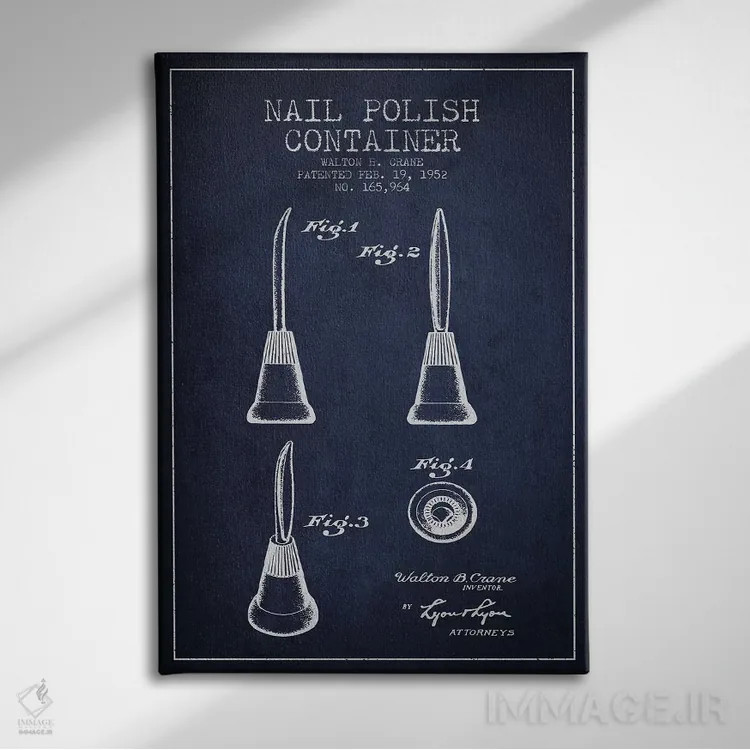 تابلو نقشه طرح اختراع لاک ناخن ظرفی (آبی سیر) اثر پیکسل کهنه (استودیو/نام هنری) - نمای روبهرو روی دیوار