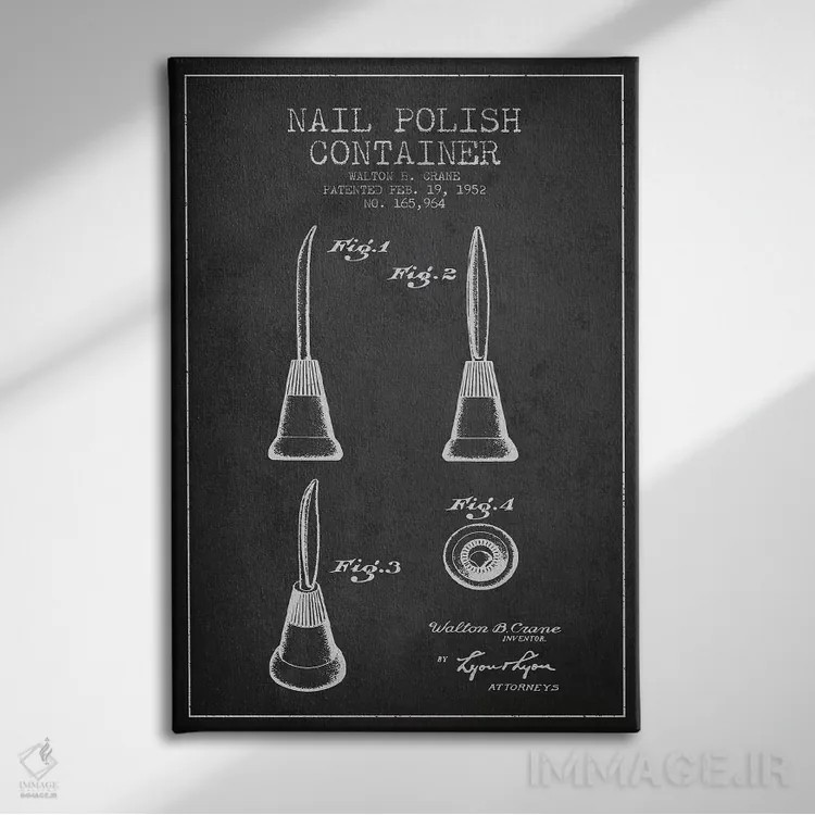 تابلو نقشه طرح اختراع لاک ناخن ظرفی (زغالسنگی) اثر پیکسل کهنه (استودیو/نام هنری) - نمای روبهرو روی دیوار