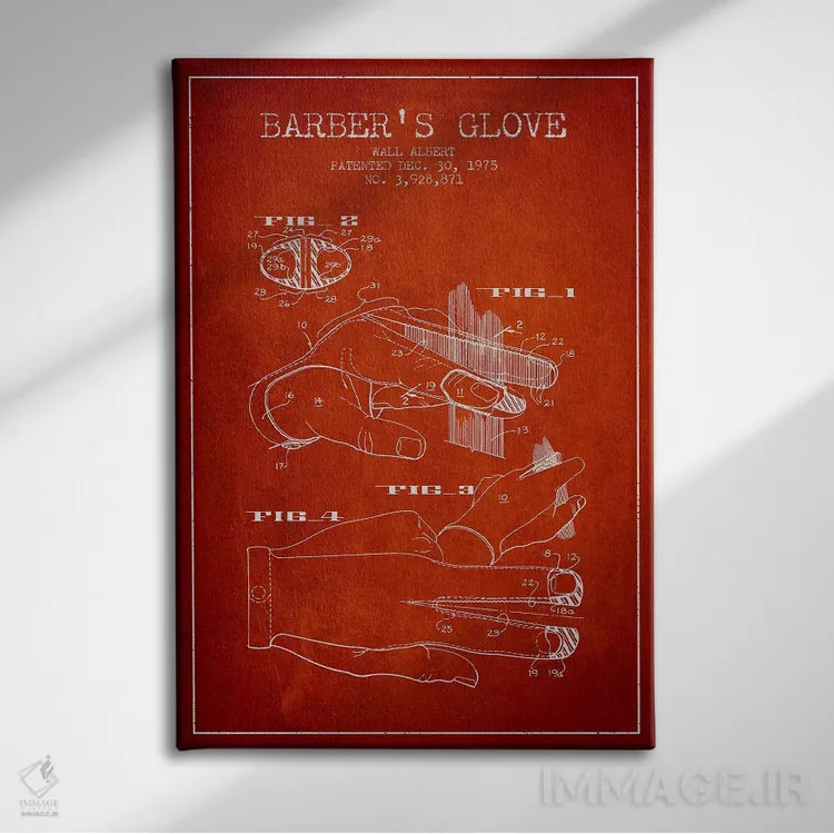 تابلو نقشه پتنت دستکش آرایشگری (قرمز) اثر پیکسل کهنه (استودیو/نام هنری) - نمای روبهرو روی دیوار