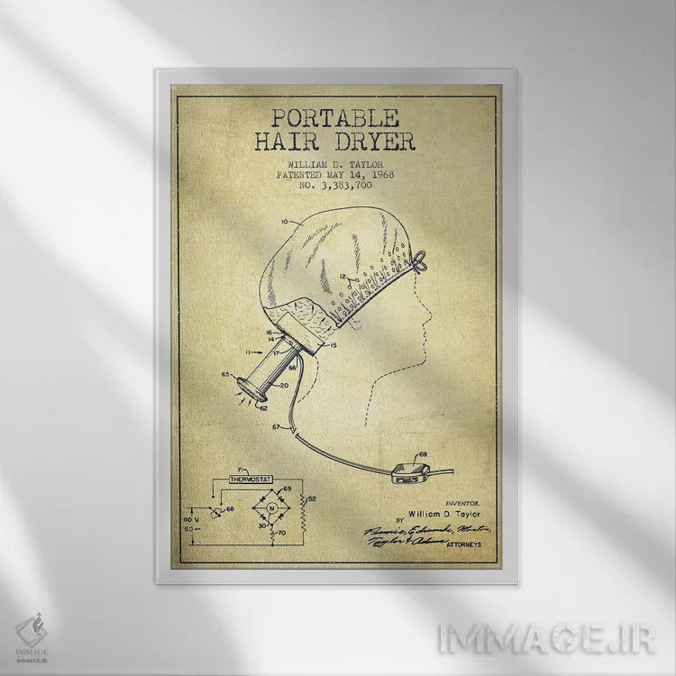 تابلو نقشهٔ ثبت اختراع سشوار قابل حمل (وینتیج/قدیمی) اثر پیکسل کهنه (استودیو/نام هنری) - نمای قابدار سفید