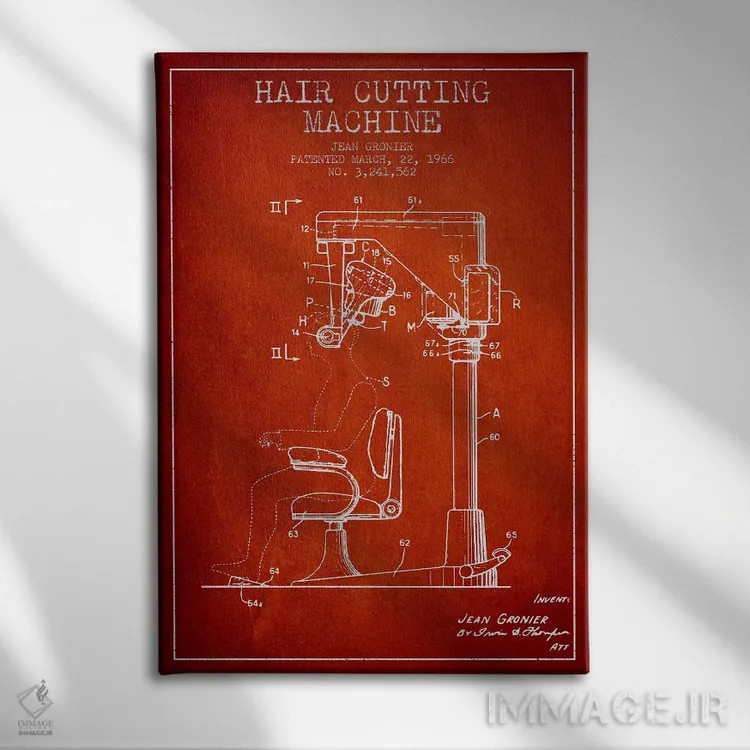 تابلو نقشه پتنت برش موی اتوماتیک (قرمز) اثر پیکسل کهنه (استودیو/نام هنری) - نمای روبهرو روی دیوار