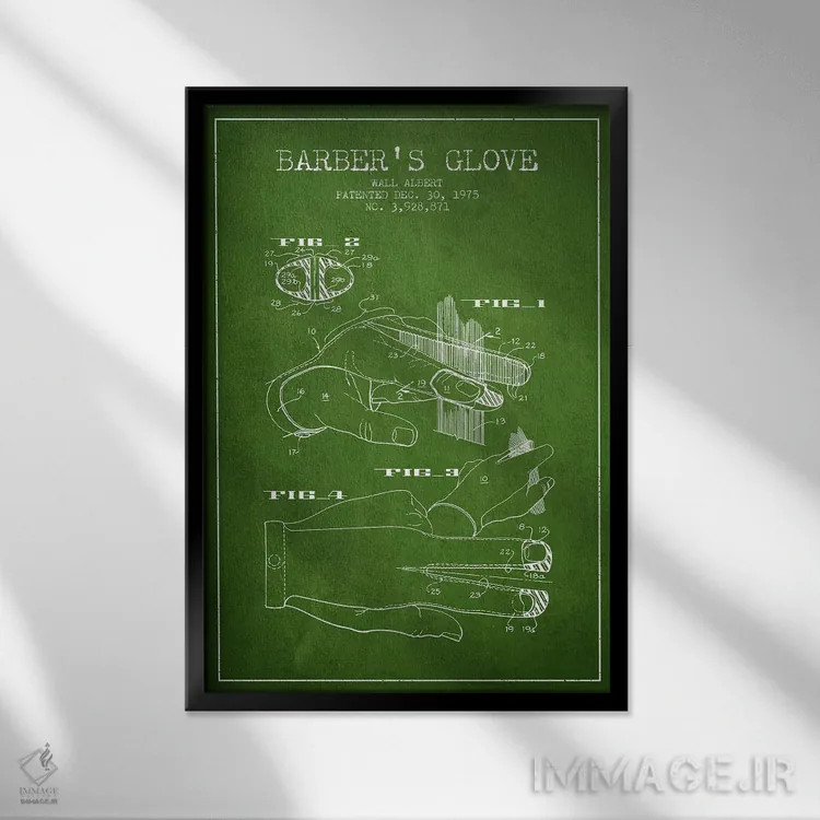 تابلو نقشه پتنت دستکش آرایشگری (سبز) اثر پیکسل کهنه (استودیو/نام هنری) - نمای قابدار مشکی