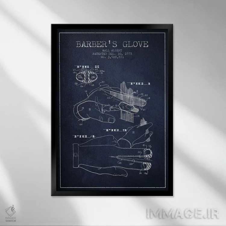 تابلو نقشه پتنت دستکش آرایشگری (آبی نفتی) اثر پیکسل کهنه (استودیو/نام هنری) - نمای قابدار مشکی