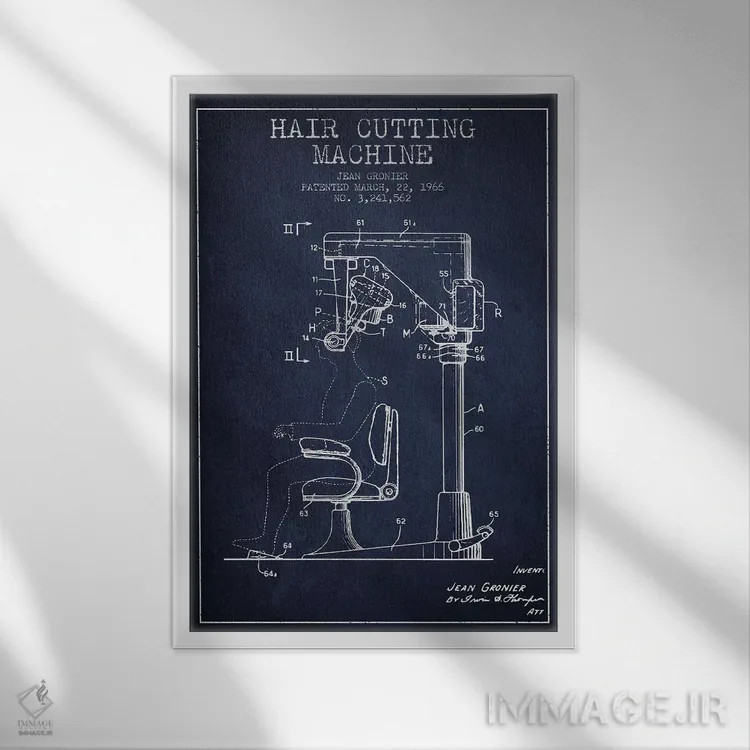 تابلو نقشه پتنت برش موی اتوماتیک (آبی نفتی) اثر پیکسل کهنه (استودیو/نام هنری) - نمای قابدار سفید