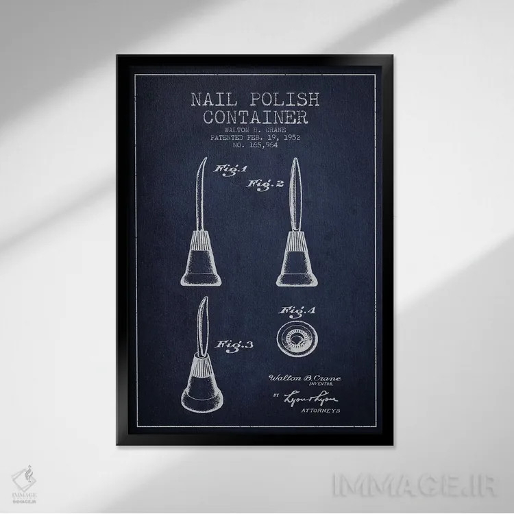 تابلو نقشه طرح اختراع لاک ناخن ظرفی (آبی سیر) اثر پیکسل کهنه (استودیو/نام هنری) - نمای قابدار مشکی