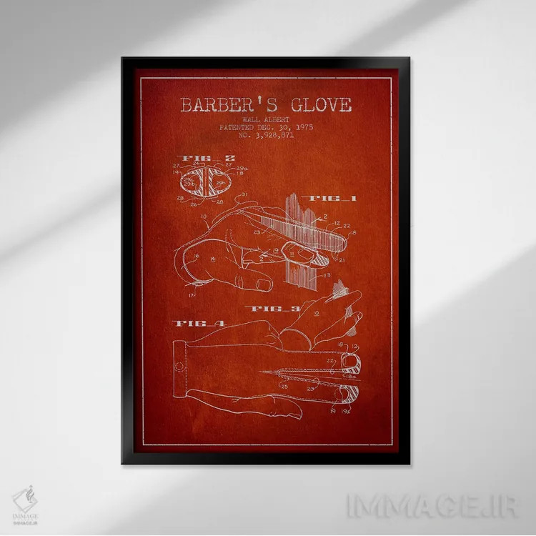 تابلو نقشه پتنت دستکش آرایشگری (قرمز) اثر پیکسل کهنه (استودیو/نام هنری) - نمای قابدار مشکی