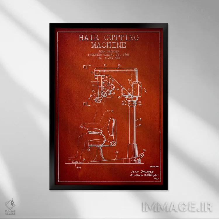 تابلو نقشه پتنت برش موی اتوماتیک (قرمز) اثر پیکسل کهنه (استودیو/نام هنری) - نمای قابدار مشکی