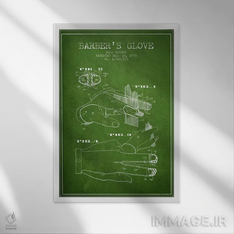 تابلو نقشه پتنت دستکش آرایشگری (سبز) اثر پیکسل کهنه (استودیو/نام هنری) - نمای قابدار سفید