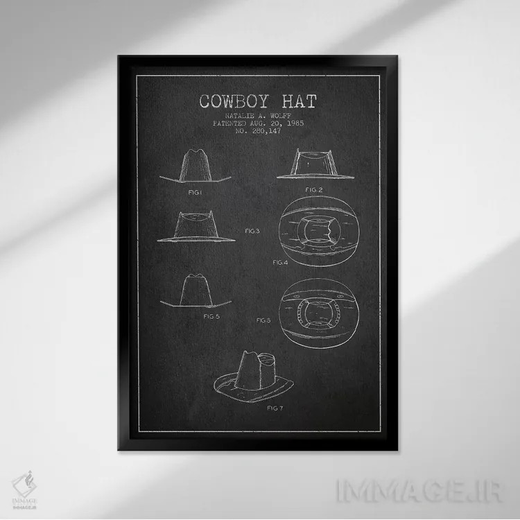 تابلو طرح پتنت کلاه کابویی (زغالسنگی) اثر پیکسل کهنه (استودیو/نام هنری) - نمای قابدار مشکی