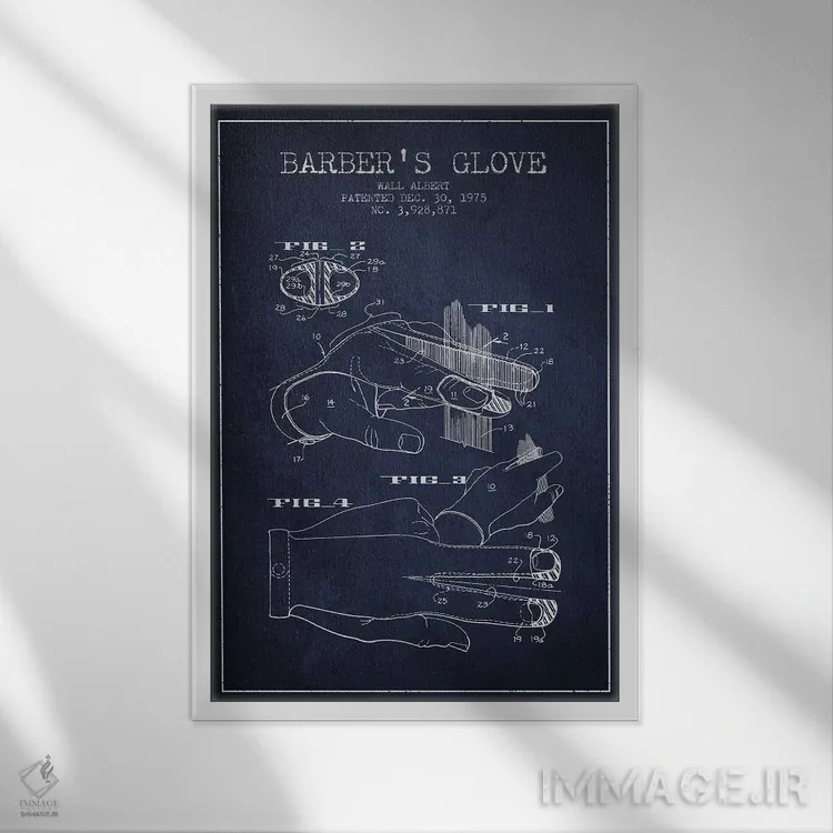 تابلو نقشه پتنت دستکش آرایشگری (آبی نفتی) اثر پیکسل کهنه (استودیو/نام هنری) - نمای قابدار سفید