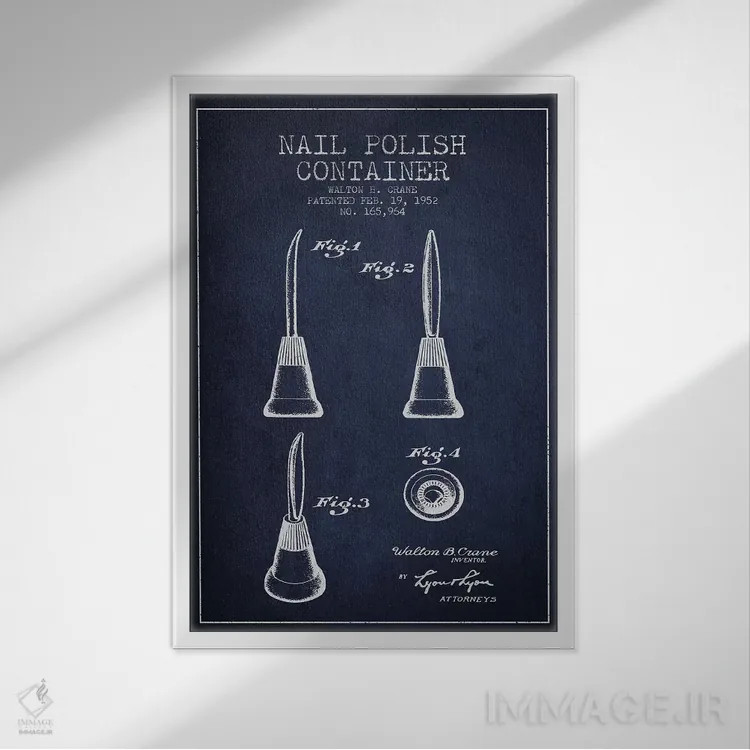 تابلو نقشه طرح اختراع لاک ناخن ظرفی (آبی سیر) اثر پیکسل کهنه (استودیو/نام هنری) - نمای قابدار سفید