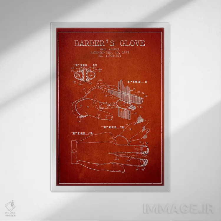 تابلو نقشه پتنت دستکش آرایشگری (قرمز) اثر پیکسل کهنه (استودیو/نام هنری) - نمای قابدار سفید