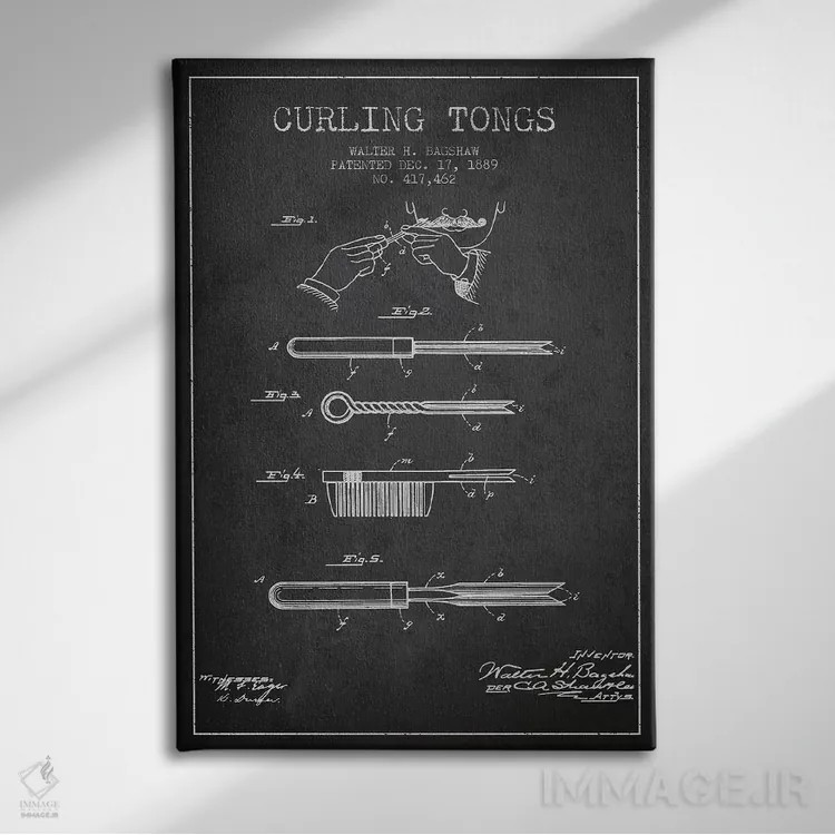 تابلو طرح پتنت فرکننده مو (زغالسنگی) اثر پیکسل کهنه (استودیو/نام هنری) - نمای روبهرو روی دیوار