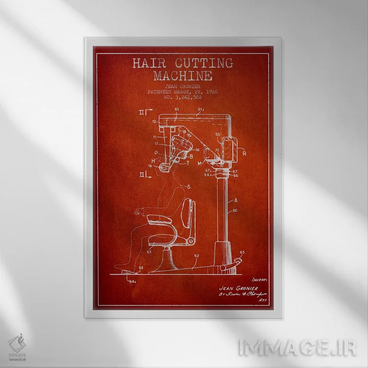 تابلو نقشه پتنت برش موی اتوماتیک (قرمز) اثر پیکسل کهنه (استودیو/نام هنری) - نمای قابدار سفید