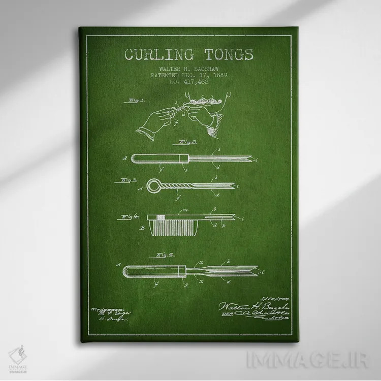 تابلو طرح پتنت فرکننده مو (سبز) اثر پیکسل کهنه (استودیو/نام هنری) - نمای روبهرو روی دیوار