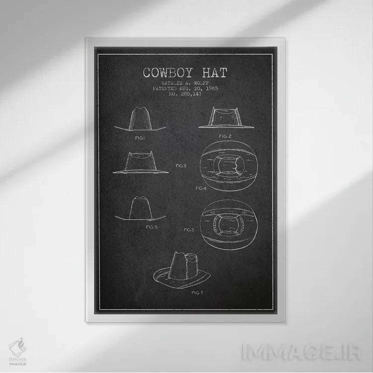 تابلو طرح پتنت کلاه کابویی (زغالسنگی) اثر پیکسل کهنه (استودیو/نام هنری) - نمای قابدار سفید