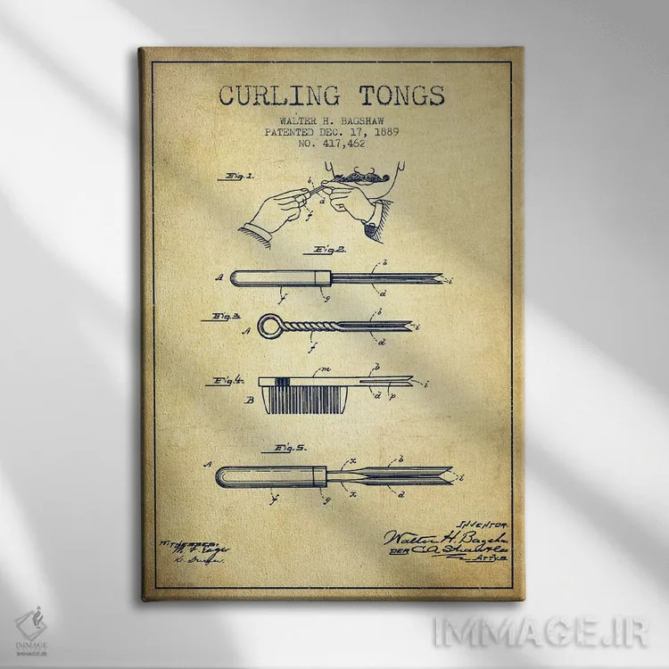 تابلو طرح پتنت فرکننده مو قدیمی اثر پیکسل کهنه (استودیو/نام هنری) - نمای روبهرو روی دیوار