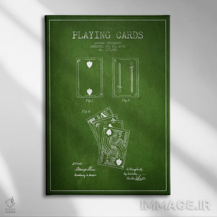 تابلو نقشهٔ ثبت اختراع کارتهای داورتی (سبز) اثر پیکسل کهنه (استودیو/نام هنری) - نمای روبهرو روی دیوار