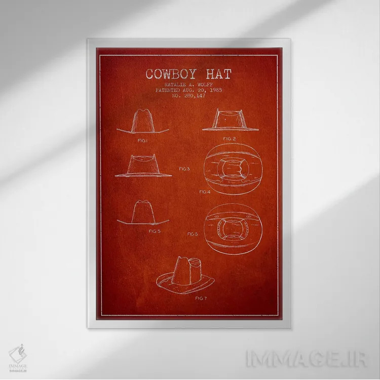 تابلو طرح پتنت کلاه کابویی (قرمز) اثر پیکسل کهنه (استودیو/نام هنری) - نمای قابدار سفید
