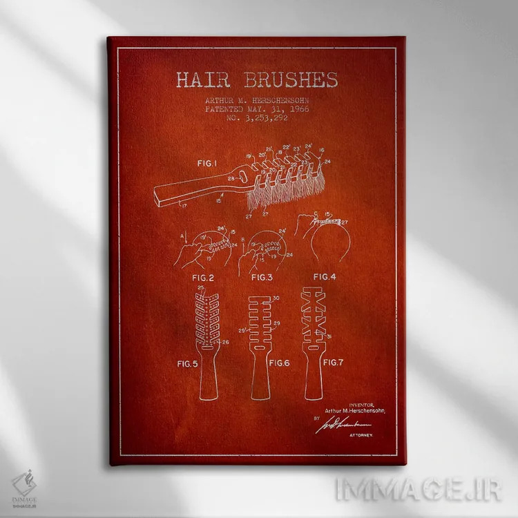 تابلو نقشهٔ ثبت اختراع برس مو (قرمز) اثر پیکسل کهنه (استودیو/نام هنری) - نمای روبهرو روی دیوار