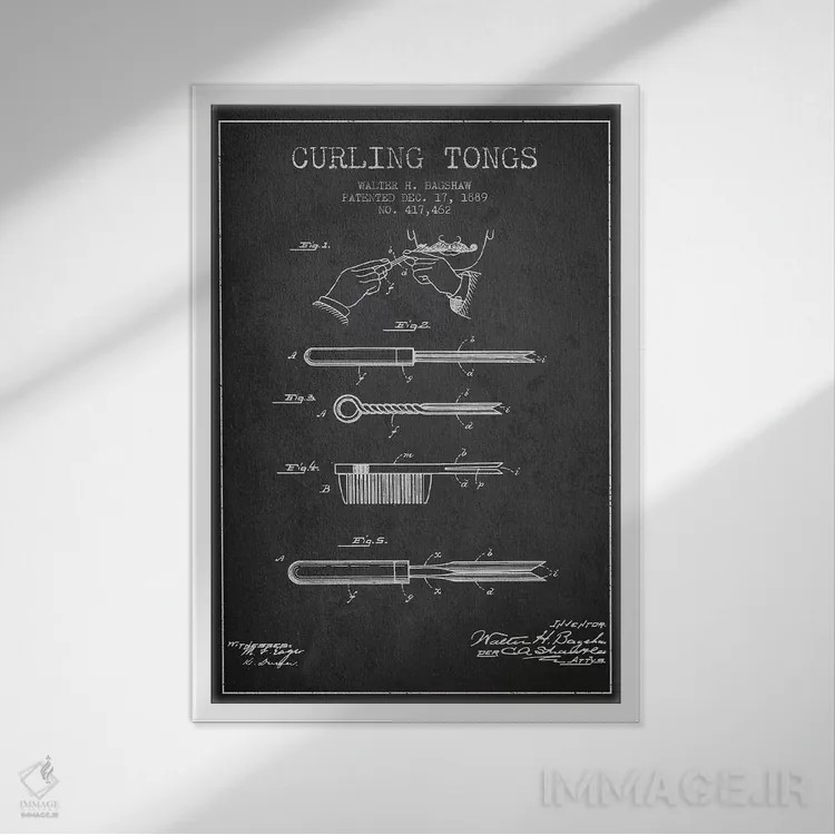 تابلو طرح پتنت فرکننده مو (زغالسنگی) اثر پیکسل کهنه (استودیو/نام هنری) - نمای قابدار سفید