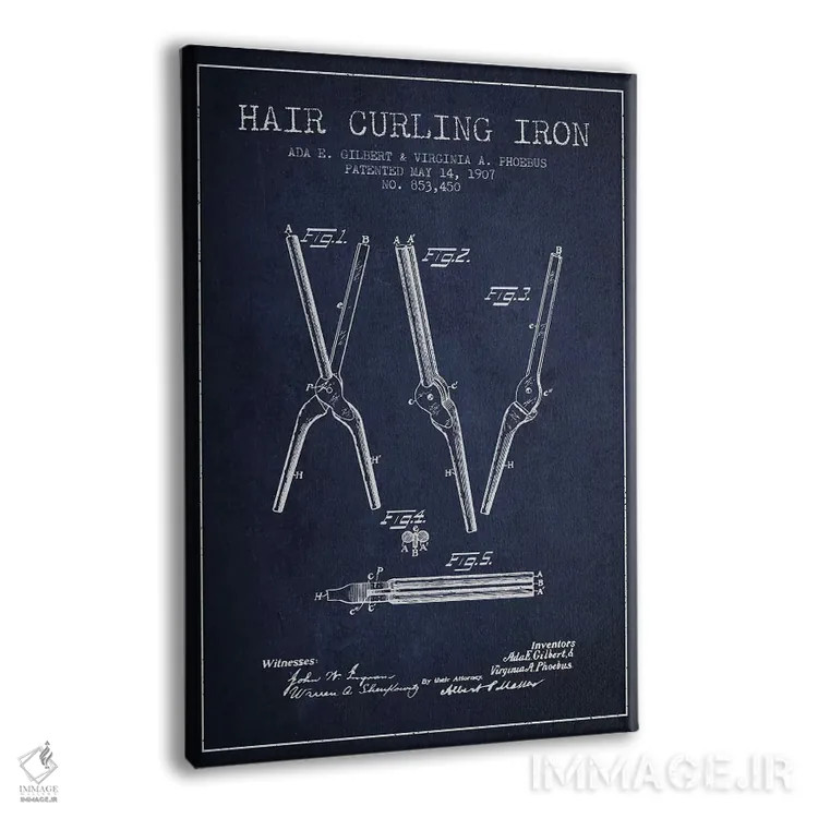 تابلو نقشهٔ ثبت اختراع فرکنندهٔ مو (آبی نفتی) اثر پیکسل کهنه (استودیو/نام هنری) - نمای پرسپکتیو محصول