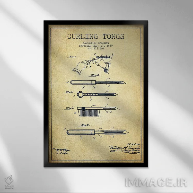 تابلو طرح پتنت فرکننده مو قدیمی اثر پیکسل کهنه (استودیو/نام هنری) - نمای قابدار مشکی