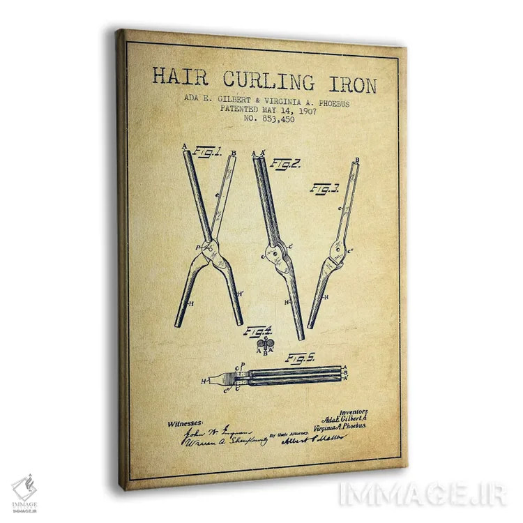 تابلو نقشهٔ ثبت اختراع فرکنندهٔ مو (وینتیج/کلاسیک) اثر پیکسل کهنه (استودیو/نام هنری) - نمای پرسپکتیو محصول