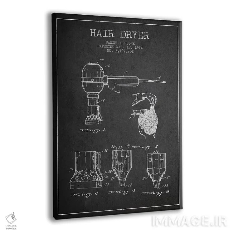 تابلو نقشهٔ ثبت اختراع سشوار (طرح زغالی) اثر پیکسل کهنه (استودیو/نام هنری) - نمای پرسپکتیو محصول