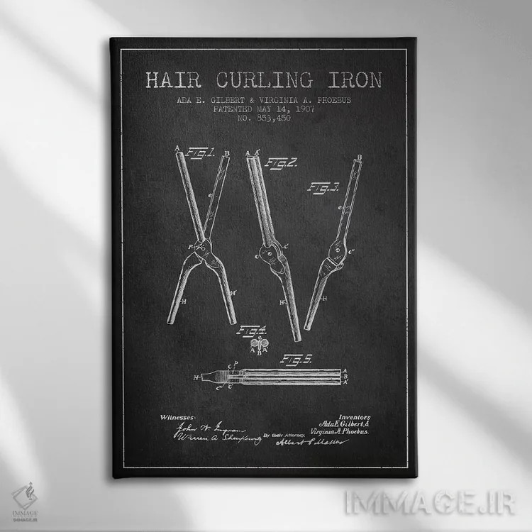 تابلو نقشهٔ ثبت اختراع فرکنندهٔ مو (طرح زغال) اثر پیکسل کهنه (استودیو/نام هنری) - نمای روبهرو روی دیوار