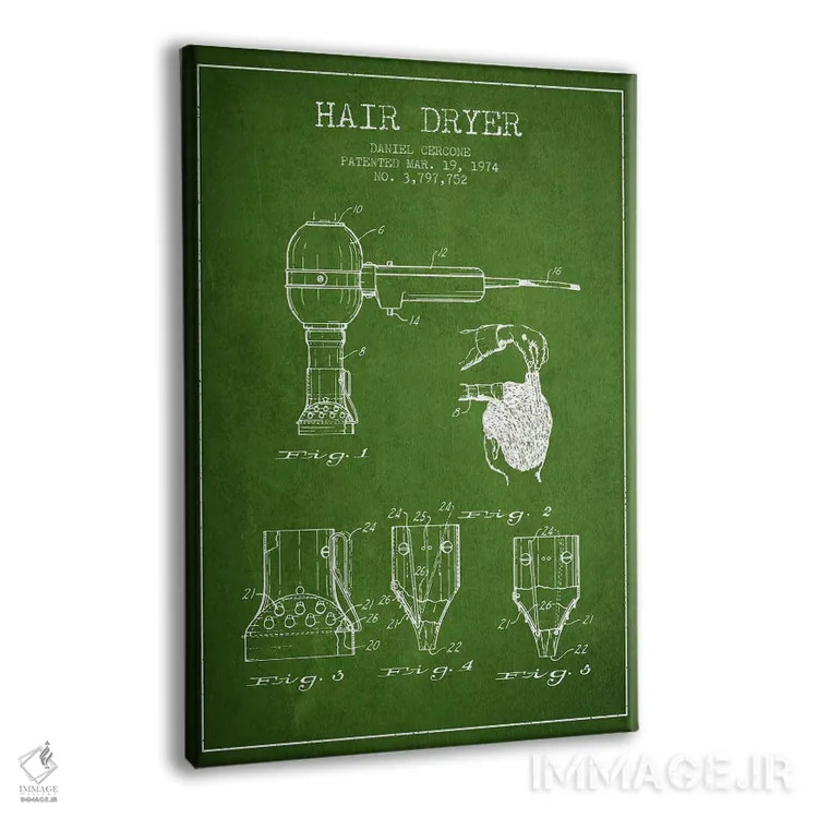 تابلو نقشهٔ ثبت اختراع سشوار (سبز) اثر پیکسل کهنه (استودیو/نام هنری) - نمای پرسپکتیو محصول