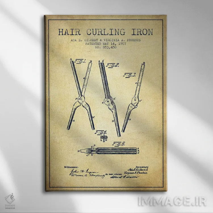 تابلو نقشهٔ ثبت اختراع فرکنندهٔ مو (وینتیج/کلاسیک) اثر پیکسل کهنه (استودیو/نام هنری) - نمای روبهرو روی دیوار