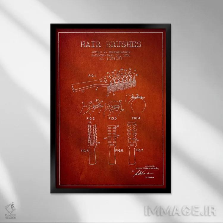 تابلو نقشهٔ ثبت اختراع برس مو (قرمز) اثر پیکسل کهنه (استودیو/نام هنری) - نمای قابدار مشکی