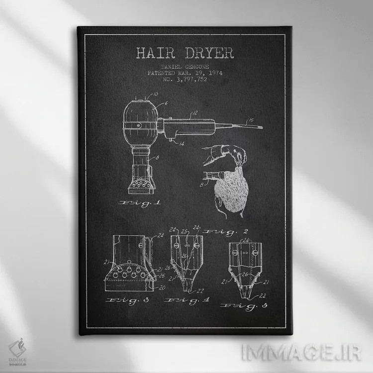 تابلو نقشهٔ ثبت اختراع سشوار (طرح زغالی) اثر پیکسل کهنه (استودیو/نام هنری) - نمای روبهرو روی دیوار