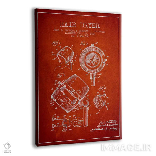 تابلو نقشهٔ ثبت اختراع سشوار صدادار (قرمز) اثر پیکسل کهنه (استودیو/نام هنری) - نمای پرسپکتیو محصول